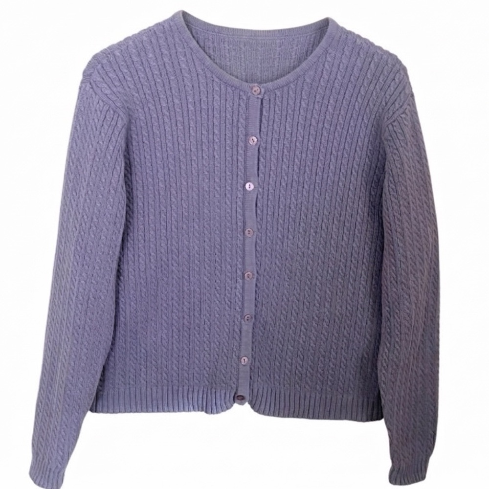 Crystal Kobe 100% Cotton Cable Knit Cardigan Sweater Purple Lilac Size Large